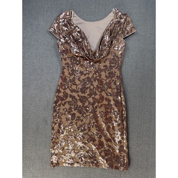 Calvin Klein Sequin Dress Mini Floral Wedding Formal Holiday Tan Size 4 - Picture 2 of 8
